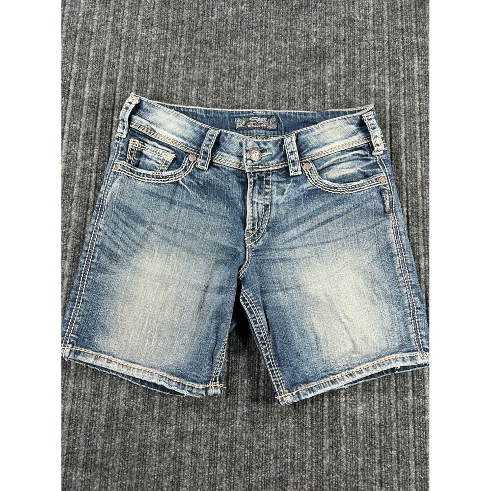 Y2K SILVER JEANS Suki Surplus Shorts Women 28 Blue Denim Distressed Mid Rise Zip